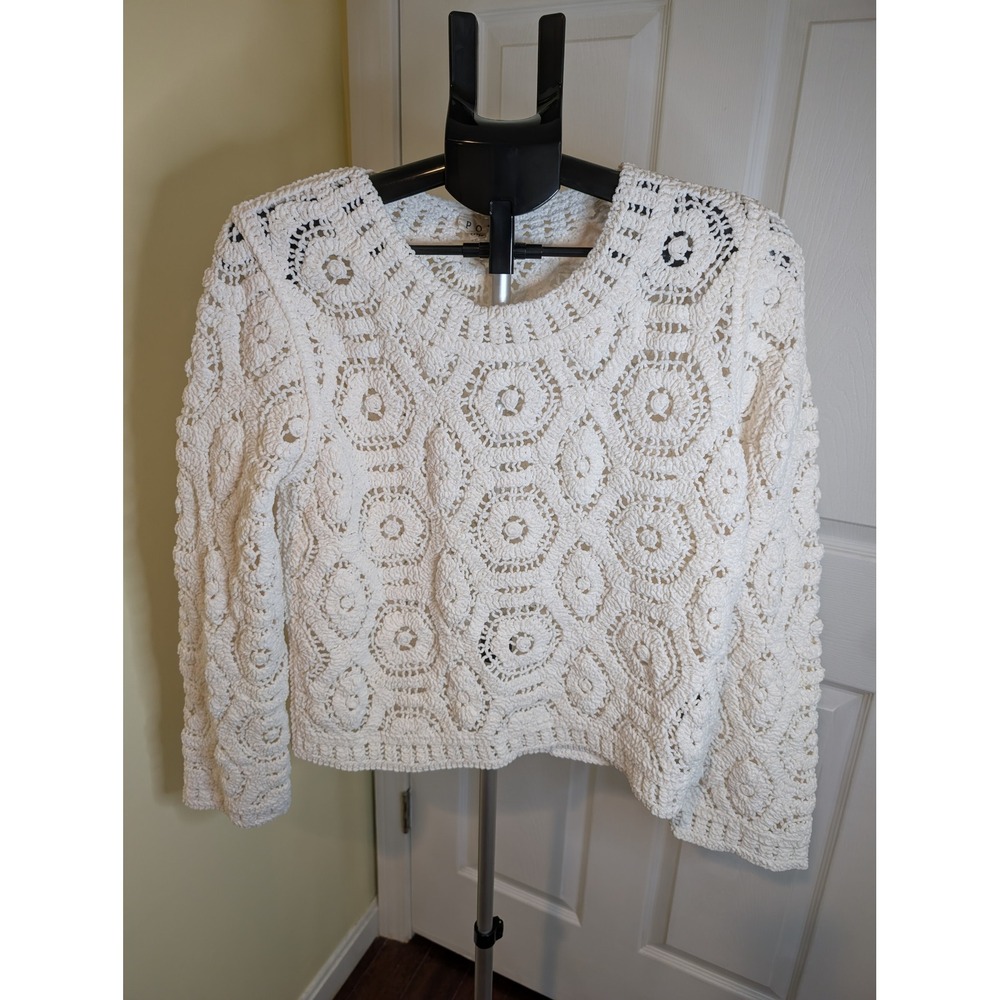 POL Crochet Sweater Womens OS Cream Boho Open Knit Geometric Pullover‎